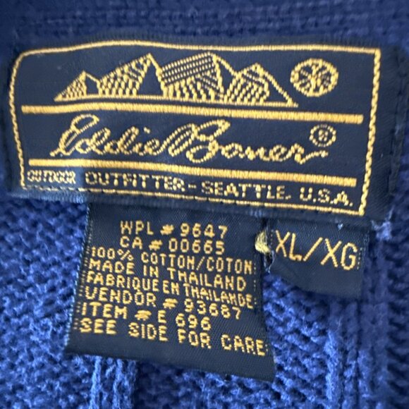 Vintage Eddie Bauer Grandpa Sweater Cardigan Men XL Blue Ribbed Fisherman Knit - Picture 3 of 4
